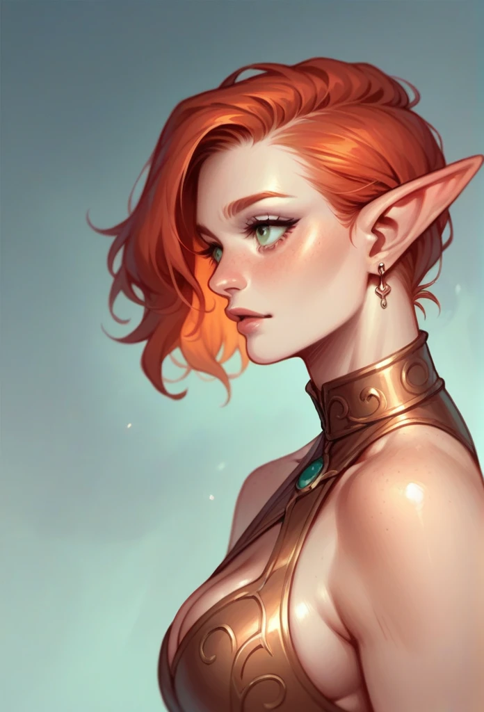 Gorgeous redhead in foil costume with elf ears looking forward with seductive look