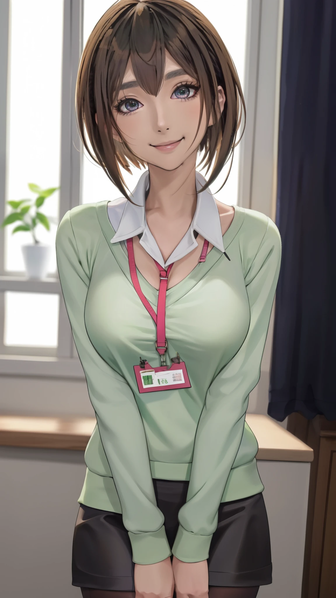 2D, masterpiece, highest quality, anime, highly detailed face, highly detailed eyes, highly detailed background, perfect lighting, whole body, 1 girl, alone, Harusaki Nodoka, collared shirt, Green sweater, black skirt, pantyhose, ID card, embarrassing, smile, Are standing, office 