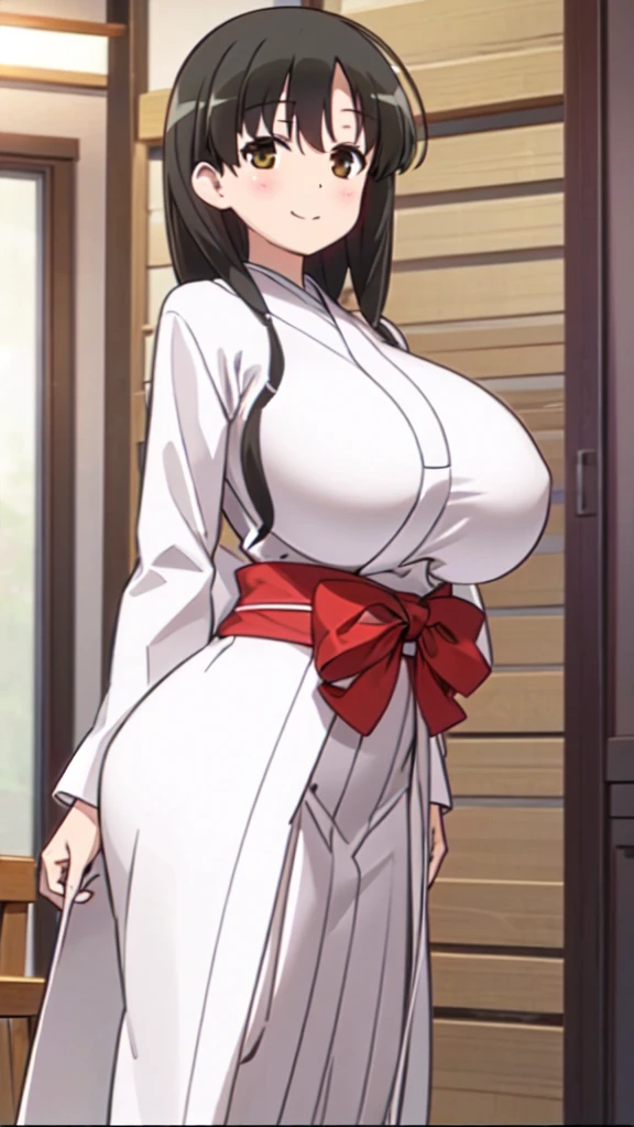 Girl in Priestess Uniform, Kasumi Iwato ,Outfit with open chest, Shoulder-exposing sleeves, Short hakama, smile, looking at viewer, (Huge Breasts:1.4), Inside Japan house, Close-up from the waist up