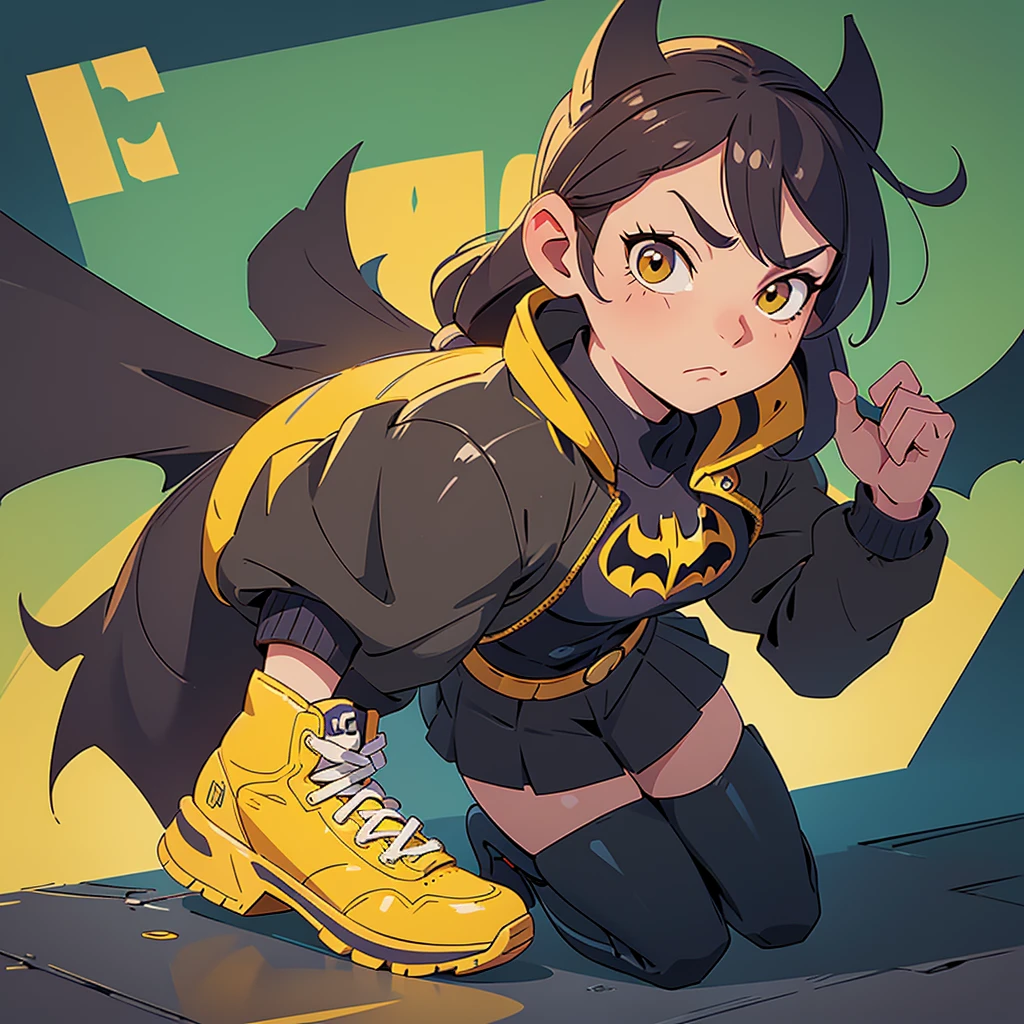 I want you to create a fanart illustration in 2D style of a character, the character Batgirl, she has the same uniform as the female version of Batman, but she will be wearing yellow combat boots.