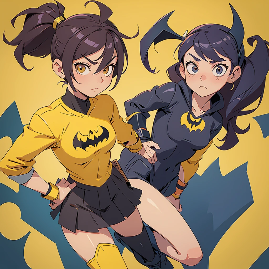 2D Disney animation style fanart featuring Batgirl in the "Batgirl of Burnside" version: 18-year-old young adult appearance. She wears a black mask covering the upper part of her face and head, leaving her hair loose below the mask. She wears a shorter black cape with yellow lining. Her outfit is purple with a yellow bat on her chest. She has a yellow utility belt with a more casual and modern design. Her gloves and boots are yellow and resemble combat boots.