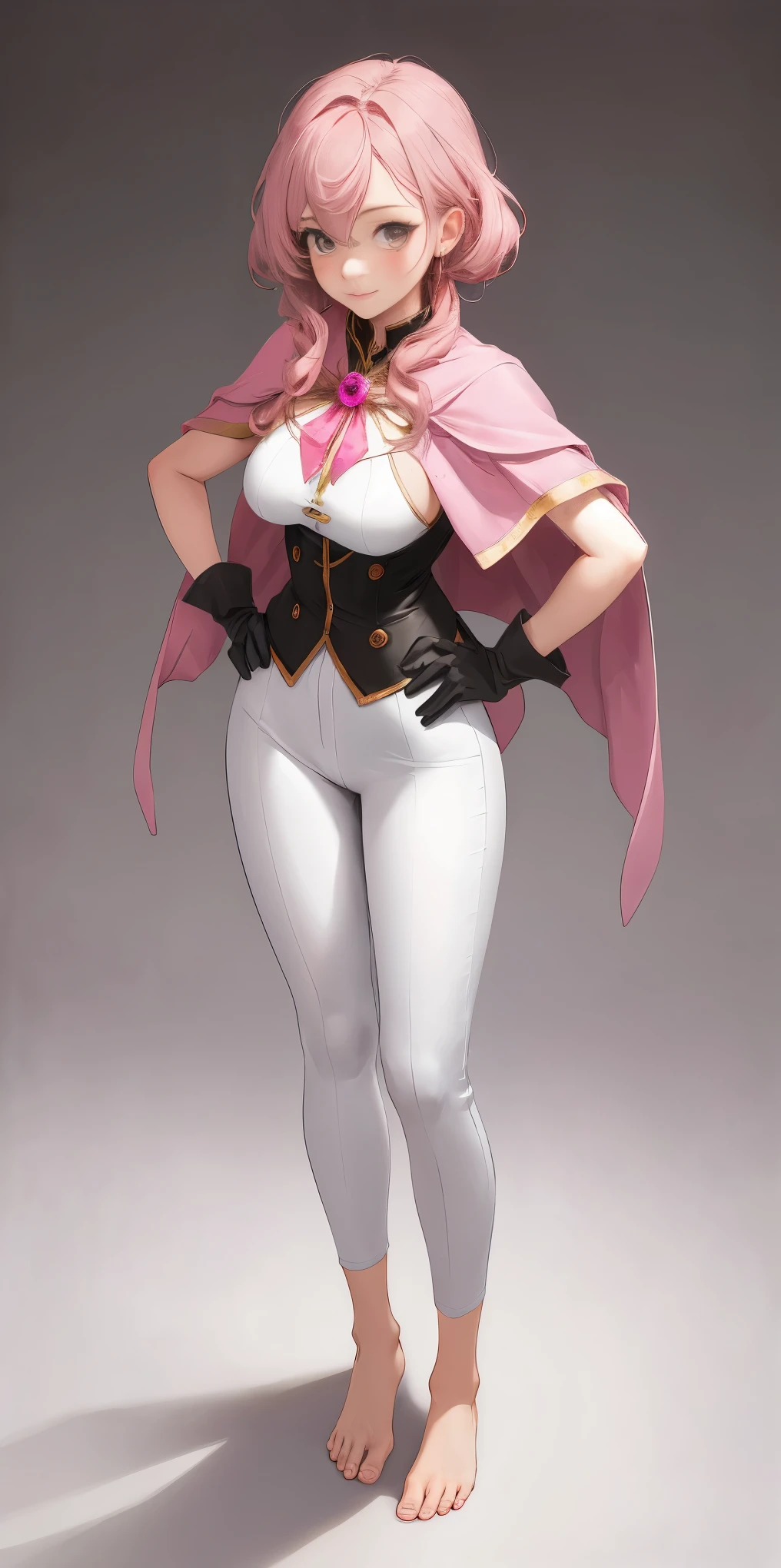 Generate a masterpiece quality, full-body picture of a barefoot solo female with a shy expression. She should have a large bust that is mostly covered, and be dressed in a pink capelet, pink tunic, white pants, and brown gloves. The scene is a finely decorated bedroom with a pink theme, and she stands looking down at the viewer from above with her hands on her hips.