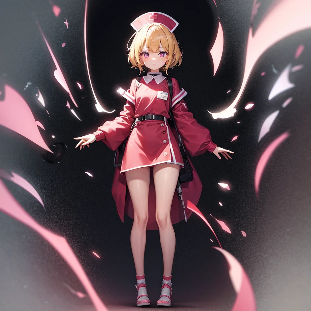 ((nurse)),Pink clothes,(Revealing clothing),Cute  ,Tiny ,Small ,Childish face, Very fine clean face,Top quality,Straight Hair,Yellow hair,(Dark Room), Subtle light, Natural light,Soft lighting,Light from directly behind,(Open your hands), (Are standing),Front view,Black background