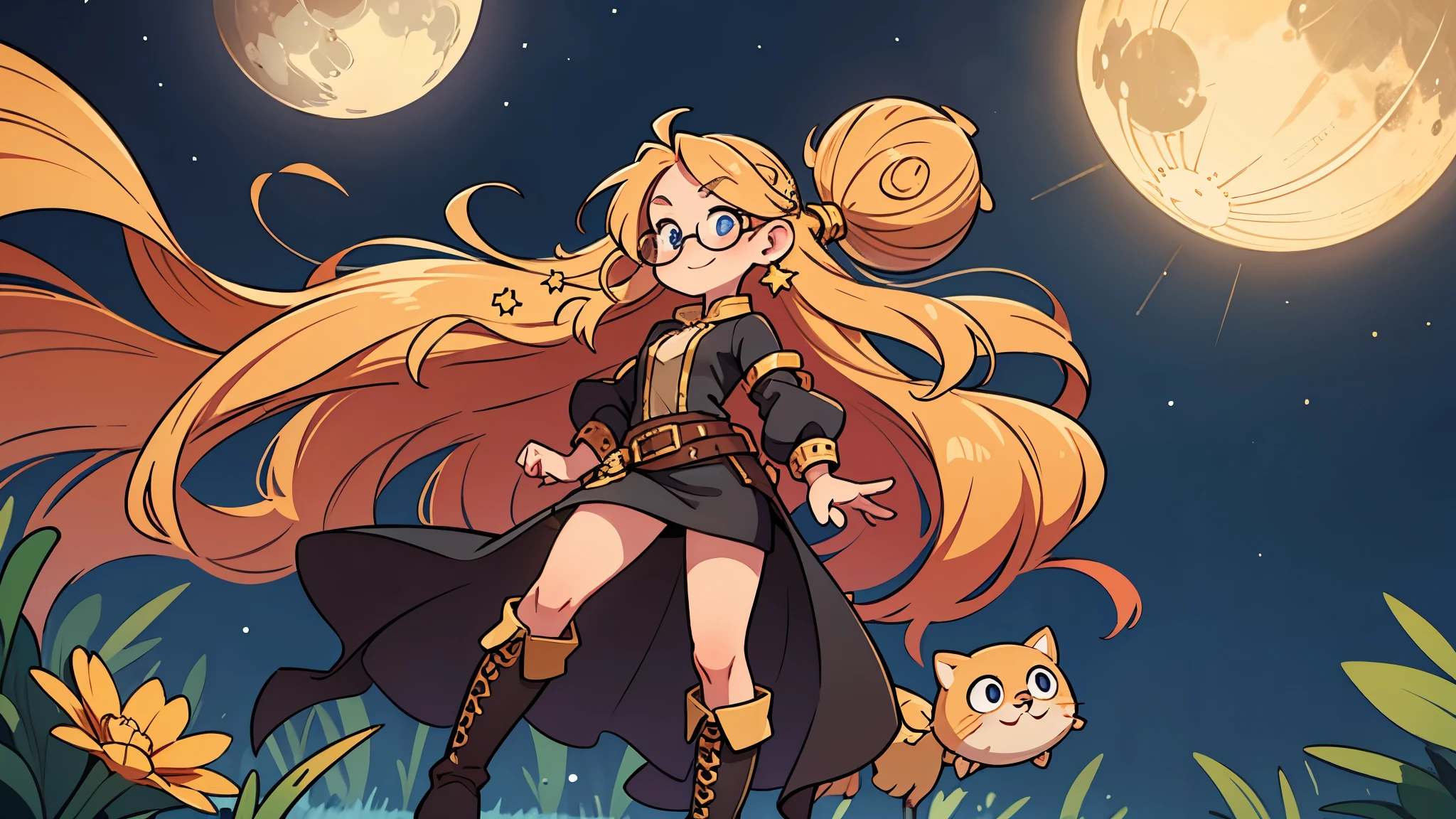 solo, full length image, head to toe, best quality, voluptuous woman in her late 20's, standing, clumsy, cute, long curly flowing golden blonde hair, round face with golden freckles, blushing cheeks, playful blue eyes, small round spectacles, a slight smile, long black dress with ruffles, stars, moon and sun, fortune teller style clothing, thin gold belt loosely around her waist with small charms hanging from it, knee high leather boots with golden laces details and charms, full length image, standing up, solo