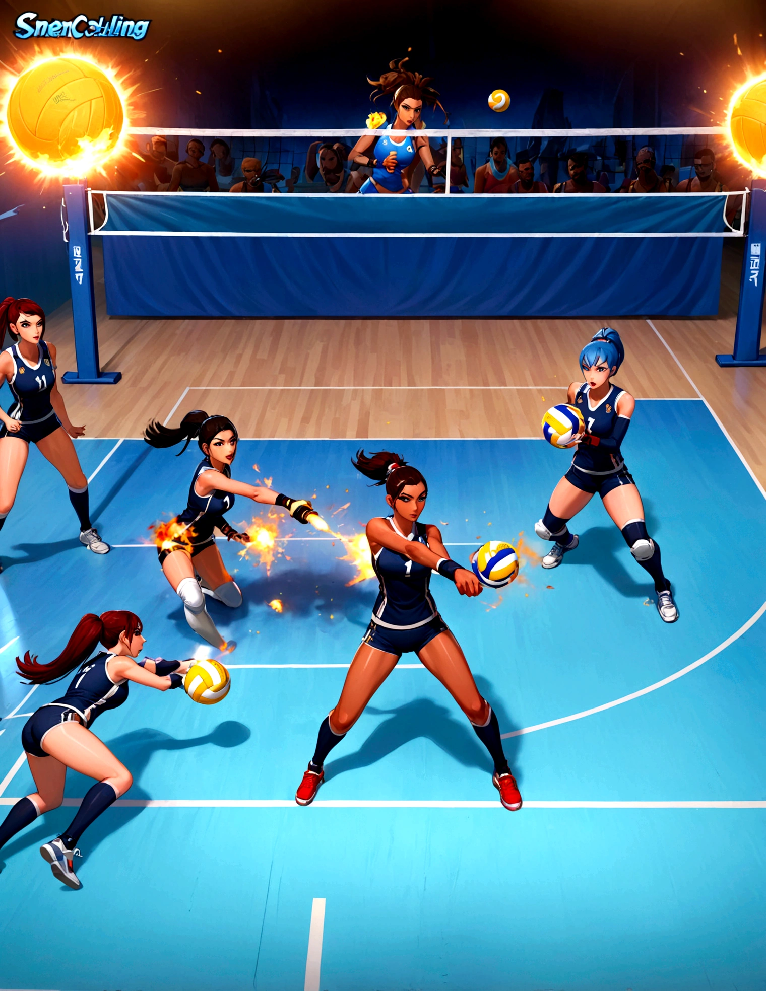 Side scrolling video game, teams of heavily armed sci fi warrior are plying volleyball, the character with the volleyball is represented by a bazooka. the action is outlandish and brutal