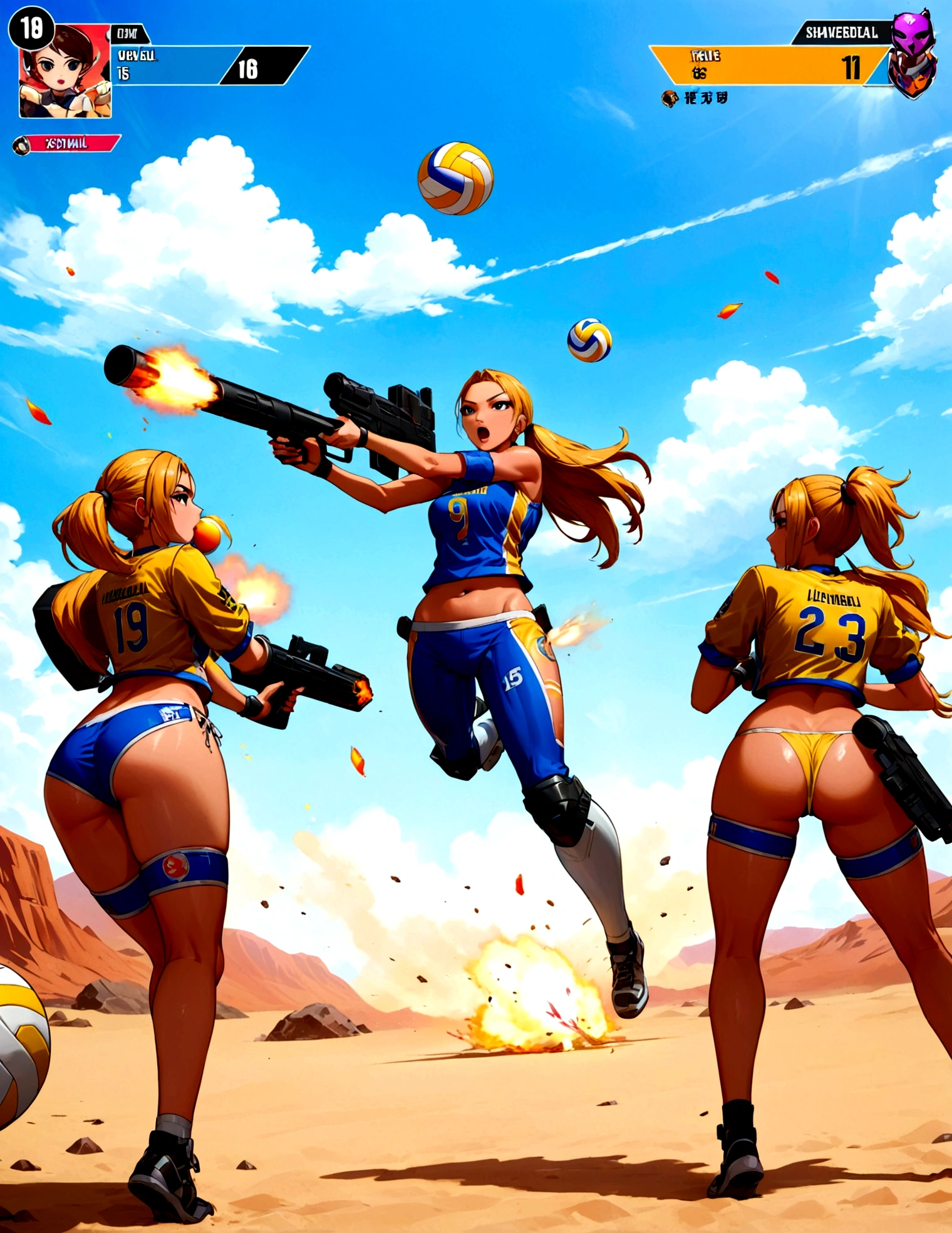 Side scrolling video game, teams of heavily armed sci fi warrior are plying volleyball, the character with the volleyball is represented by a bazooka. the action is outlandish and brutal
