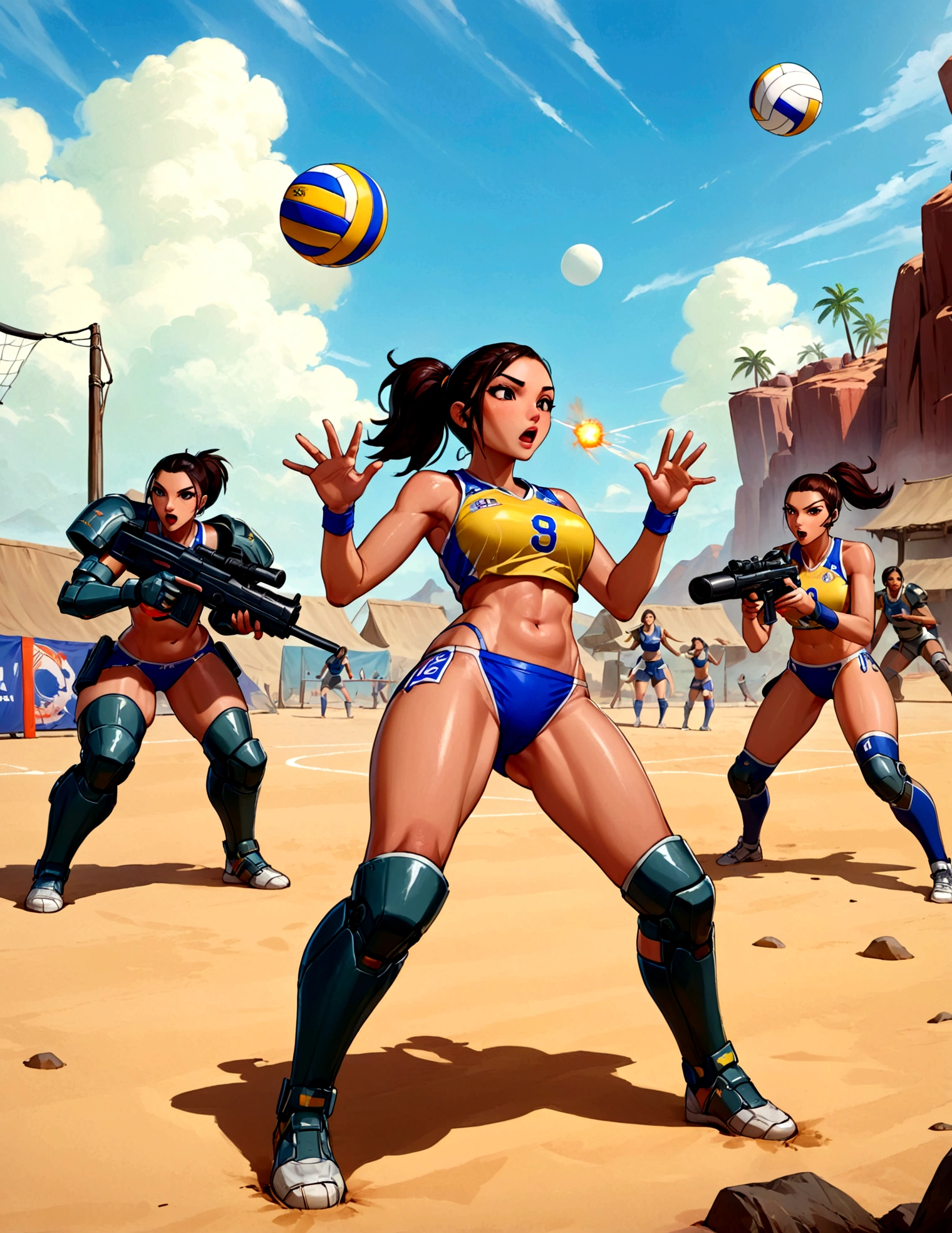 Side scrolling video game, teams of heavily armed sci fi warrior are plying volleyball, the character with the volleyball is represented by a bazooka. the action is outlandish and brutal
