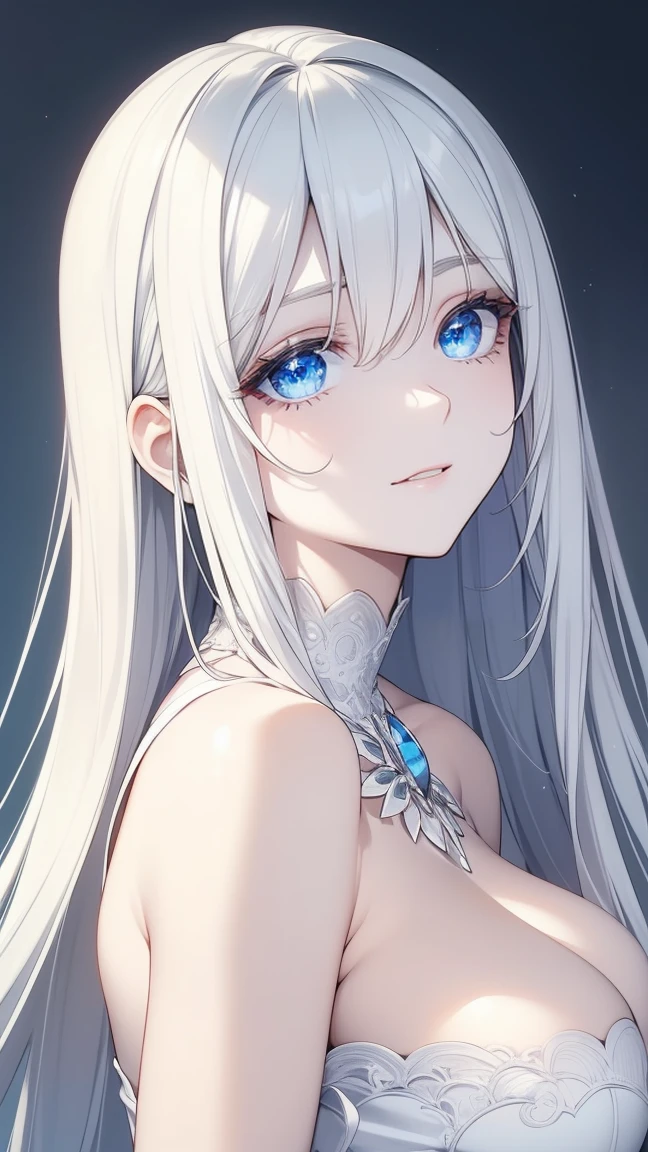 (masterpiece),((Highly detailed long silver hair)),((expressive blue eyes)),(Highly detailed white dress),deep cleavage,(happy expression),extremely beautiful mature woman, milf,pale white skin,silver jewelry,best quality,cel shading,8K HD,highly detaild face, highly detaild eyes,flat color,digital color,(close angle),low contrast,contrapposto,white background,#Anime,#concept,#aged,#woman,#slider, photo of perfecteyes ,eyes perfecteyes eyes