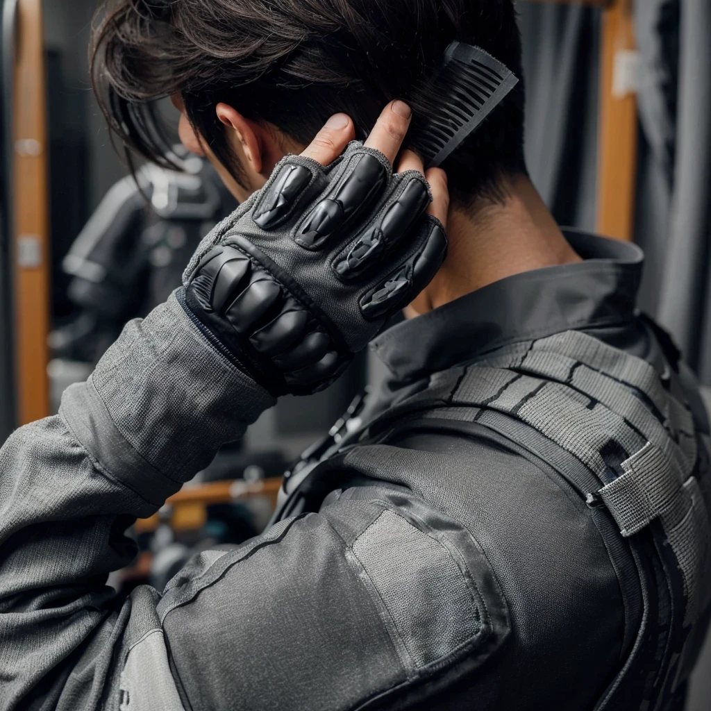 picture from behind, a man combing his hair, the man's hair is cut in side bangs, the man is wearing a gray paintball uniform, the background is blurry in a changing room, a paintball costume decorated in gray, realistic, cinematic, very detailed, intricate design