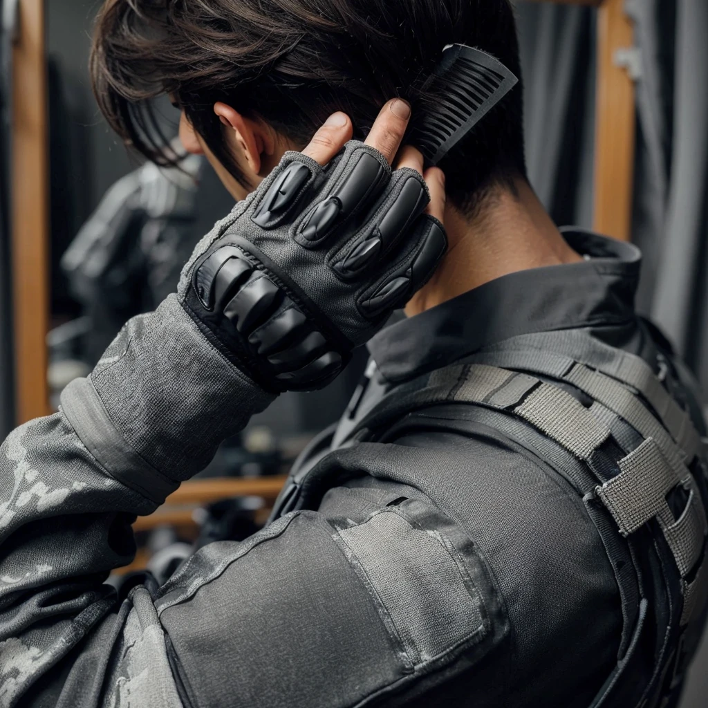 picture from behind, a man combing his hair, the man's hair is cut in side bangs, the man is wearing a gray paintball uniform, the background is blurry in a changing room, a paintball costume decorated in gray, realistic, cinematic, very detailed, intricate design