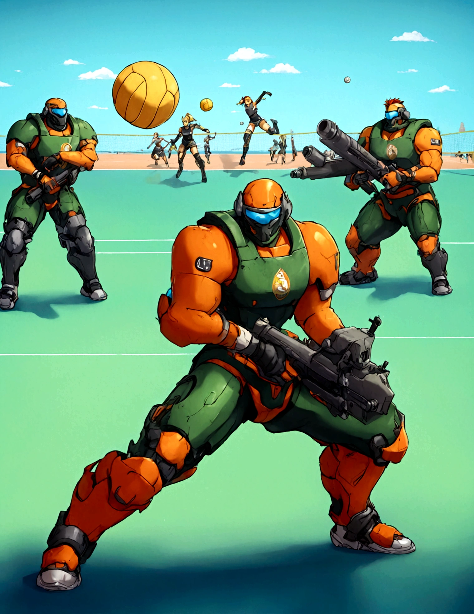 Side scrolling video game, teams of heavily armed sci fi warrior are plying volleyball, the character with the volleyball is represented by a bazooka. the action is outlandish and brutal