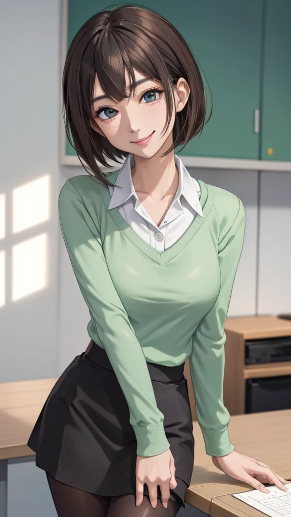 2D, masterpiece, highest quality, anime, highly detailed face, highly detailed eyes, highly detailed background, perfect lighting, whole body, 1 girl, alone, Harusaki Nodoka, collared shirt, Green sweater, black skirt, pantyhose, ID card, embarrassing, smile, Are standing, office 