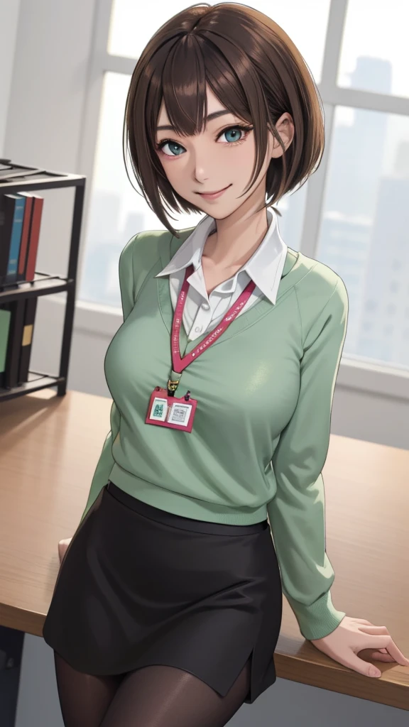 2D, masterpiece, highest quality, anime, highly detailed face, highly detailed eyes, highly detailed background, perfect lighting, whole body, 1 girl, alone, Harusaki Nodoka, collared shirt, Green sweater, black skirt, pantyhose, ID card, embarrassing, smile, Are standing, office 