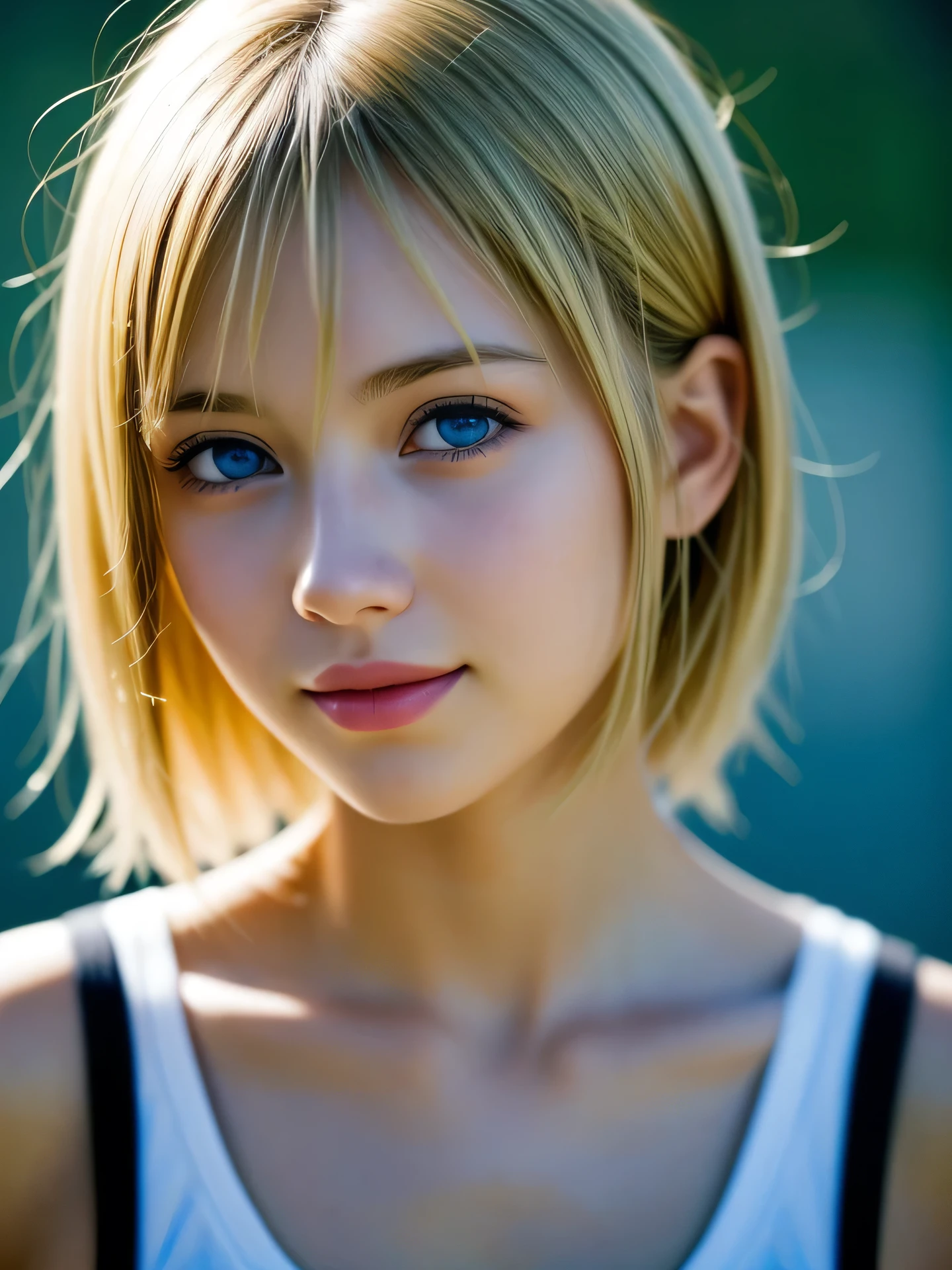 (Photo Real:1.4), (hyper realisitic:1.4), (Smooth lighting:1.05), 1 girl, teenager, blue eyes, happy, shy, smile, (looking away:1.2), Close-up of the face, Soft lighting, Back lighting, (Finest Real Textured Skins), Super fine face, glowy skin, retinas, Anatomically correct, (Blonde short Hair:1.1), bangs, Textured skin, High quality, high details, Best Quality, High resolution, Colorful T- shirts