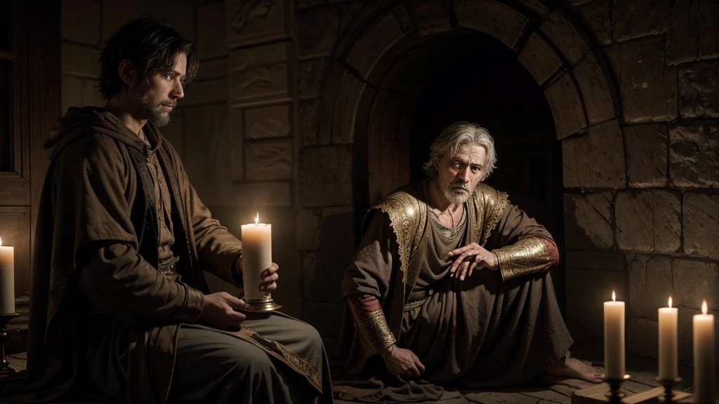 a man sitting begging for alms in a biblical scene, detailed face, intricate clothing, dramatic lighting, renaissance style, chiaroscuro, warm tones, volumetric lighting, cinematic composition, highly detailed, photorealistic, masterpiece