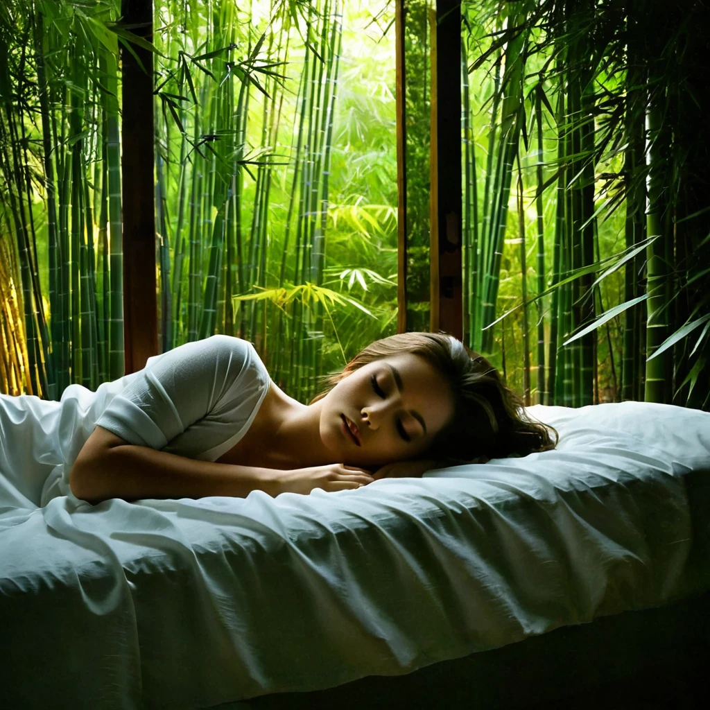 A young woman,Sleepy,beauty , Comfort, Lying in a room with a view of a forest of bamboo , Dim Lights, Rim Light, Dark Shadows, Dramatic Lighting,