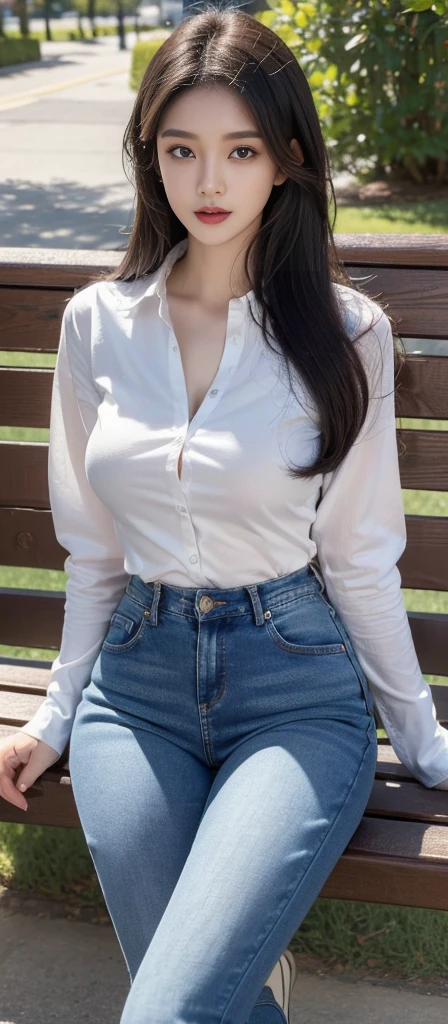 ((top quality, 8K, masterpiece:1.3)), Pretty Woman, 1 woman, chest:1.3, slim body:1.1, black hair, (long sleeve shirt, jeans, sitting on bench:1.1), ((park)), very detailed face, detailed lips, detailed eyes, double eyelid,