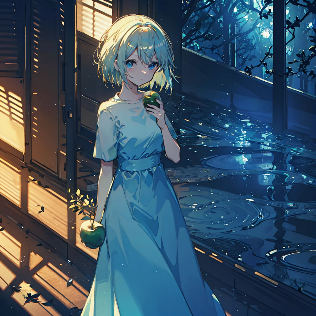 tabletop, fine-details, 4K, 8K, 12 mil, alone, A girl, Short blonde hair, light blue dress, holding an apple, forst, Thu, 2d, dark surroundings, dry leaves