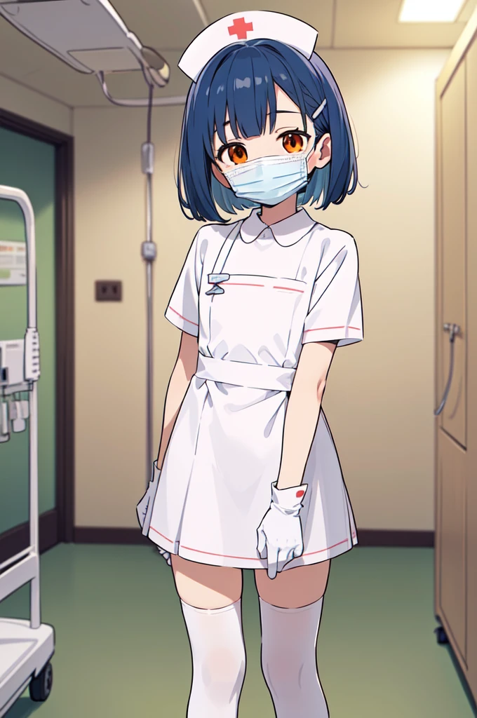 1boy, solo, male focus, nurse, white nurse cap, white nurse uniform, ((white legwear, zettai ryouiki)), white gloves, bobcut, blue hair, orange eyes, ((white surgical mask, covered nose)), standing, ((hospital room)), sharp outline, short sleeves, shota, 12 years old, best quality, masterpiece