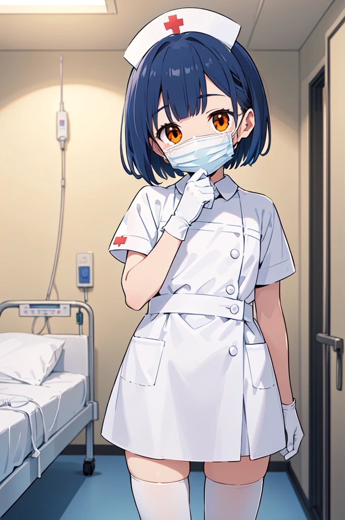 1boy, solo, male focus, nurse, white nurse cap, white nurse uniform, ((white legwear, zettai ryouiki)), white gloves, bobcut, blue hair, orange eyes, ((white surgical mask, covered nose)), standing, ((hospital room)), sharp outline, short sleeves, shota, 12 years old, best quality, masterpiece