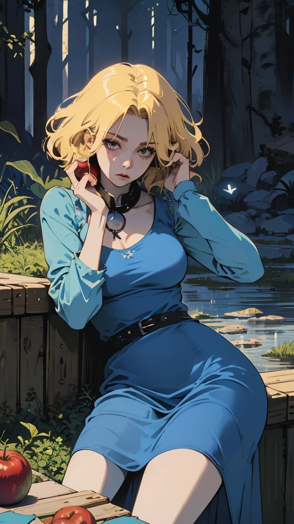 tabletop, fine-details, 4K, 8K, 12 mil, alone, A girl, Short blonde hair, light blue dress, holding an apple, forst, Thu, 2d, dark surroundings, dry leaves