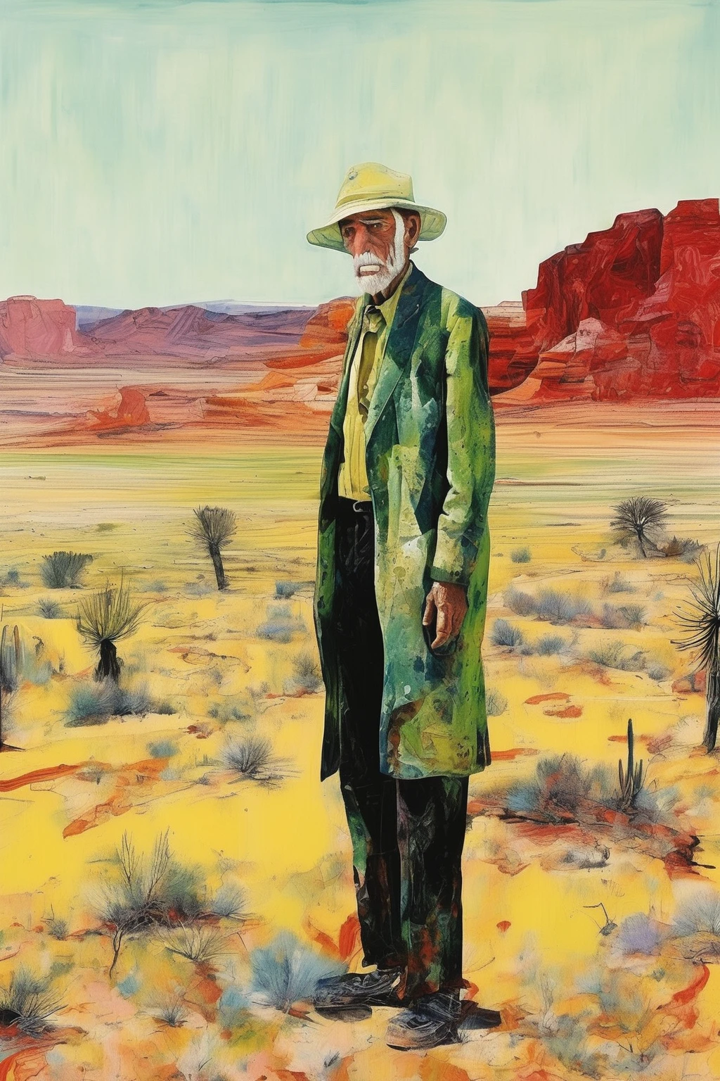 Peter Doig style，The vast desert， old man