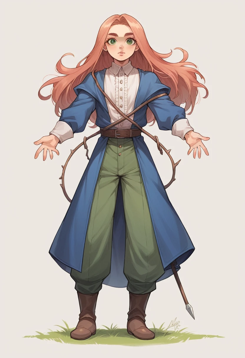 best quality, contrast light, masterpiece, front view, full-length, dressed as a medieval robber, magician's clothing, combat pants, a young girl is a person with a toned, slender build and fair skin. Her long hair is pink in color. She has piercing dark green eyes and an oval face with high cheekbones. Her lips are full and naturally pink and narrow, and her high-arched brows frame her eyes perfectly.