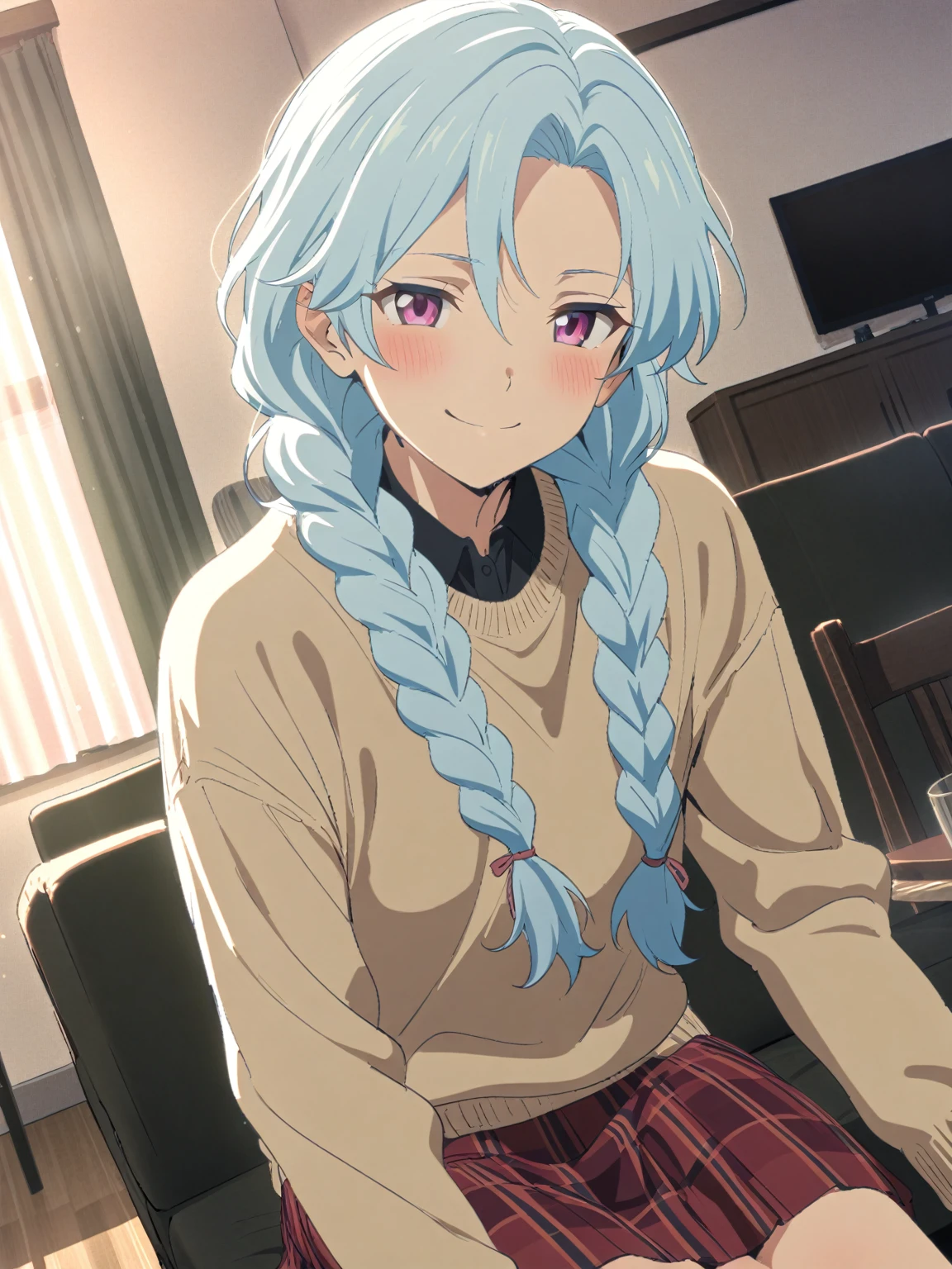 {{upper body, dutch angle}} {{Artist: sincos}} 1boy, mature male, light blue hair, long hair, braided hair, pink eyes, half-lidded, androgynous, sweater, skirt, indoors, living room, sitting, smile, pov