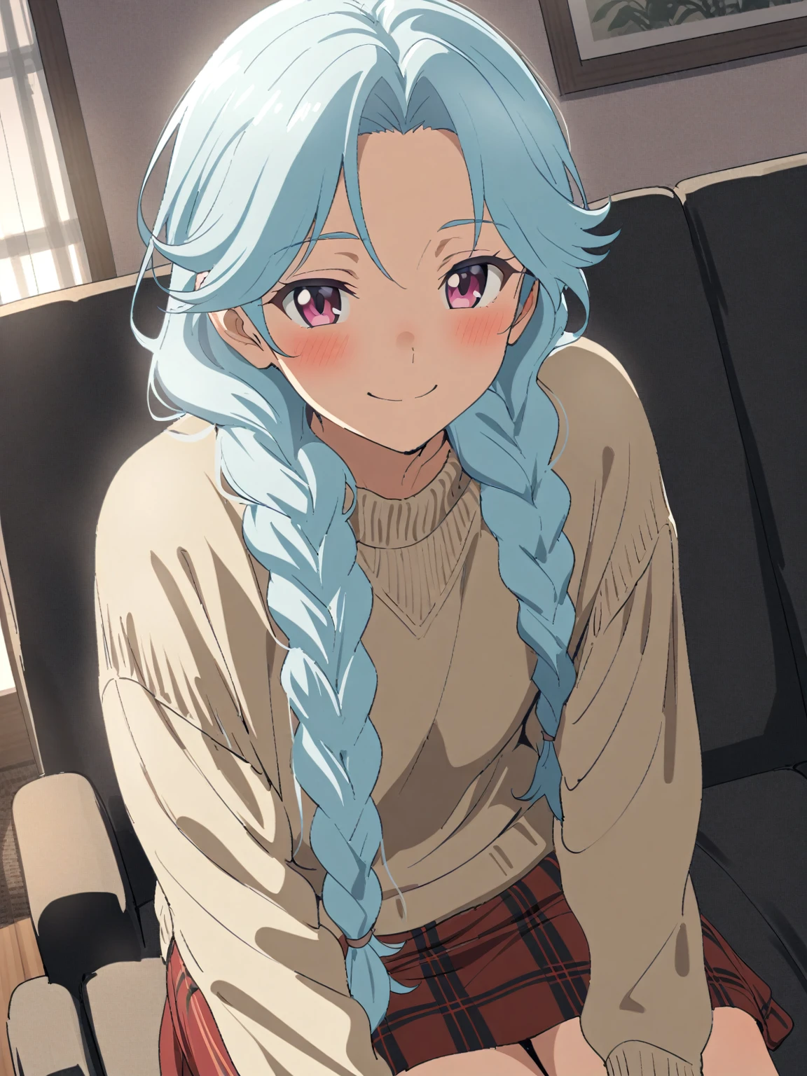 {{upper body, dutch angle}} {{Artist: sincos}} 1boy, mature male, light blue hair, long hair, braided hair, pink eyes, half-lidded, androgynous, sweater, skirt, indoors, living room, sitting, smile, pov