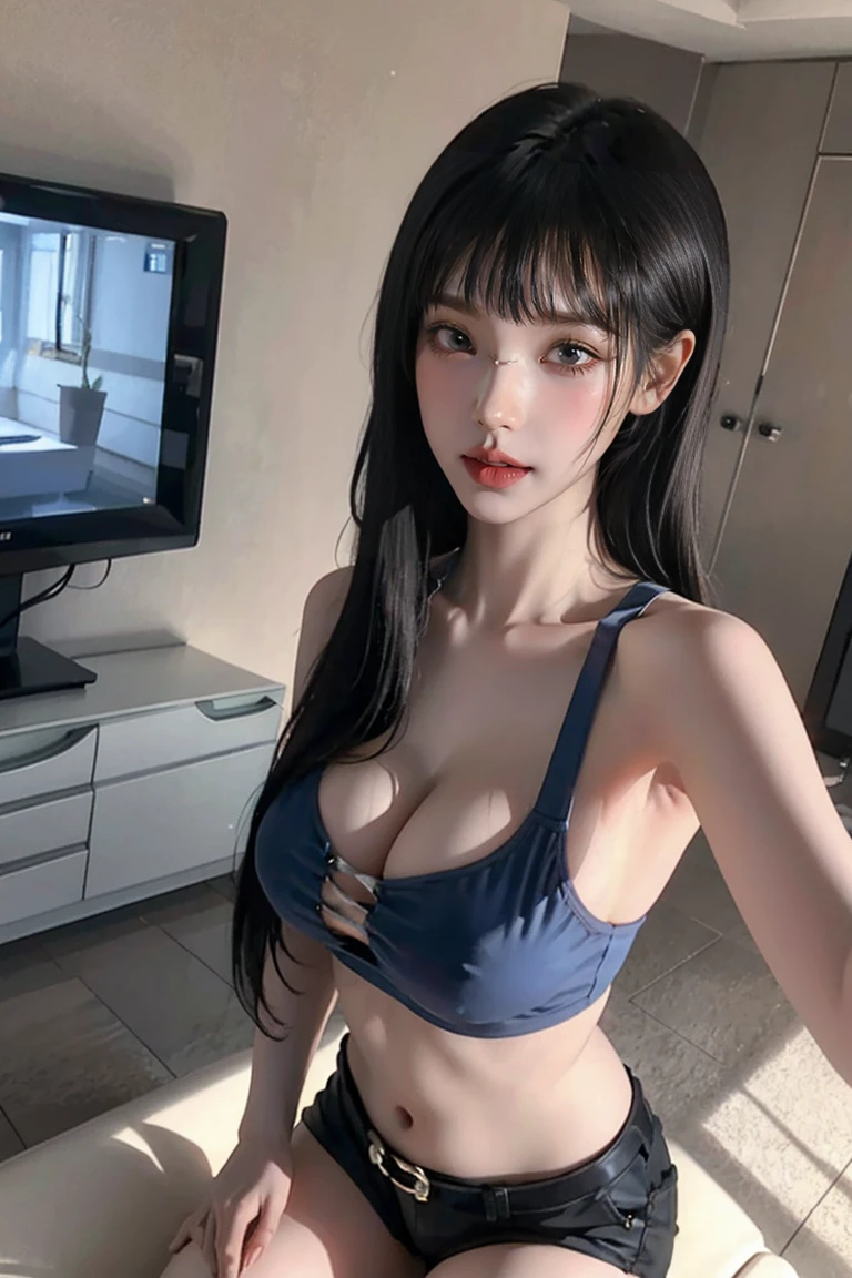 Cute ta, Cleavage, Protruding areola, ((Realistic Light, Highest quality, 8K, masterpiece :1.0)), Selfie, One girl, Perfect body型の美しい女性, Abdominal muscles :1.1, (straight black short hair with bangs, Large Breasts :1), (Very short shorts) ,Highly detailed face, Perfect hands、Perfect Fingers、Perfect breasts、Perfect Hair、Perfect Face、Perfect body、Perfect composition, Unwind at home, living room, Mansion, Expensive house, Big expensive TV, Expensive sofa, Detailed Background, Ray Tracing, Unreal Engine, Highest resolution hyperrealism,Model-like style