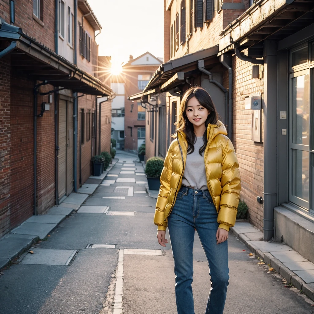 A young girl in a puffer jacket and jeans, standing in a housing complex on a bright morning, bright sunlight, sunrise, smiling, detailed face, beautiful eyes, perfect skin, photorealistic, 8k, highly detailed, intricate, cinematic lighting, warm colors, golden hour, urban landscape, apartment buildings, trees, street, pavement, realistic, lifelike, masterpiece, concept art
