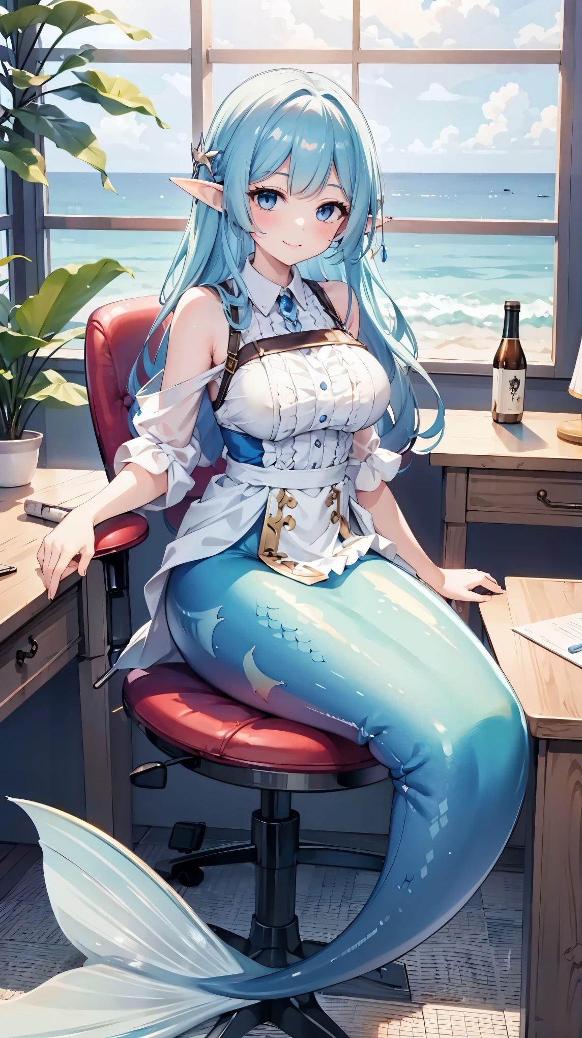 masterpiece, best quality,A girl,Blue Hair, blue eyes, Elf ears,独奏,Large Breasts,Mermaid,蓝色的Mermaid尾巴,full-body shot,charming face(Kawaii, charming,Soft),sit on the chair,Sea view from the window,Looking at the audience,Smile