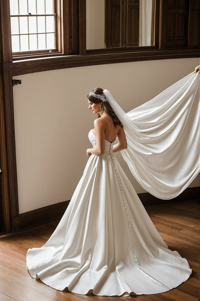 This wedding dress was exquisite., just what I would have chosen if I had bought a wedding dress. The strapless bodice hugged my curves and had an open back. The dress fell to the floor with a long train.. It was elegant, with a surprise effect, but at the same time simple. She even had matching wedding shoes with a three-inch heel.