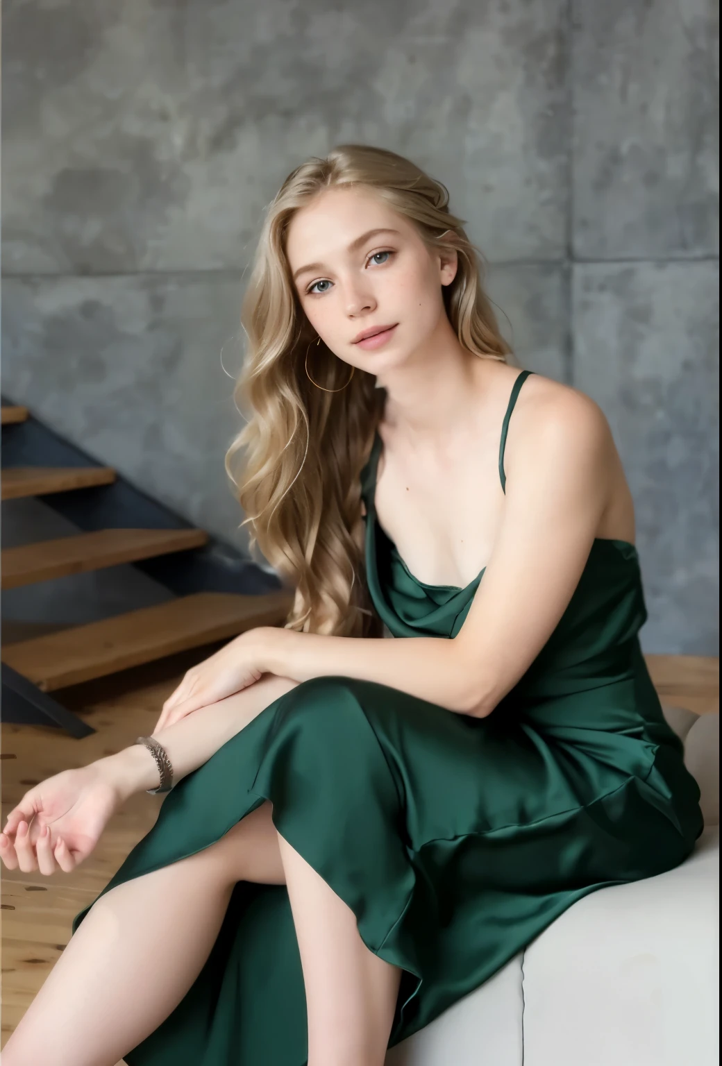 a one woman, americana, age 25, pale skin and freckles, grey-eyed, delicate nose, soft and delicate lips, distant, distant, wavy, waist-length blonde hair, Sweet smile, face with delicate feminine facial features, Highly Rendering, golden bracelet