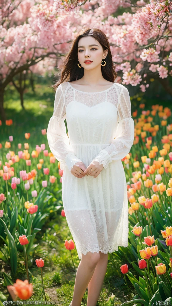 (lifelike, high resolution:1.3), close up,Sense of story,Realism,Chinese aesthetics,In a field of tulips。Tulips are elegant and beautiful,Showing colorful style。Her movements are light,Full of elegant temperament。A pair of earrings made of tulips hang from the ears,The surrounding tulips complement each other。The background is a sea of colorful tulips,Bees busy in the flowers,In the distance are windmills and pastures。Colorful and lively,Describe a story about fairy tale world and fantasy。