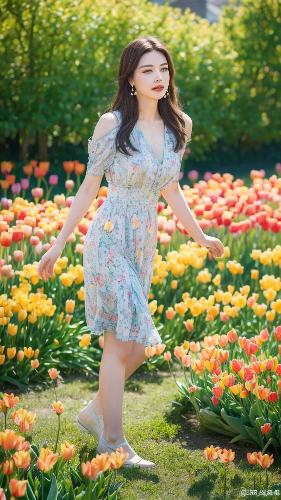 (lifelike, high resolution:1.3), close up,Sense of story,Realism,Chinese aesthetics,In a field of tulips。Tulips are elegant and beautiful,Showing colorful style。Her movements are light,Full of elegant temperament。A pair of earrings made of tulips hang from the ears,The surrounding tulips complement each other。The background is a sea of colorful tulips,Bees busy in the flowers,In the distance are windmills and pastures。Colorful and lively,Describe a story about fairy tale world and fantasy。