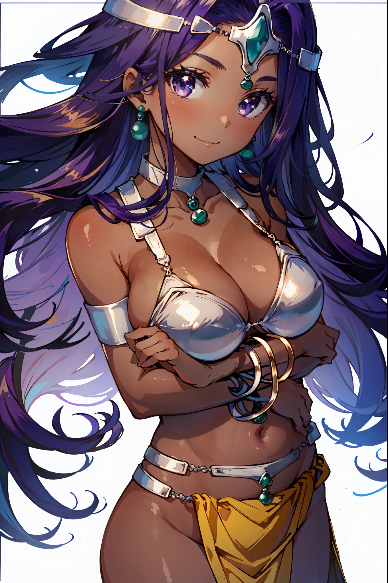 1girl, solo, dqManya, white background, cowboy shot, purple hair, bikini, loincloth, large breasts, cleavage, soft stomach, circlet, earrings, choker, bracelet, armlet, closed mouth, smile, blush