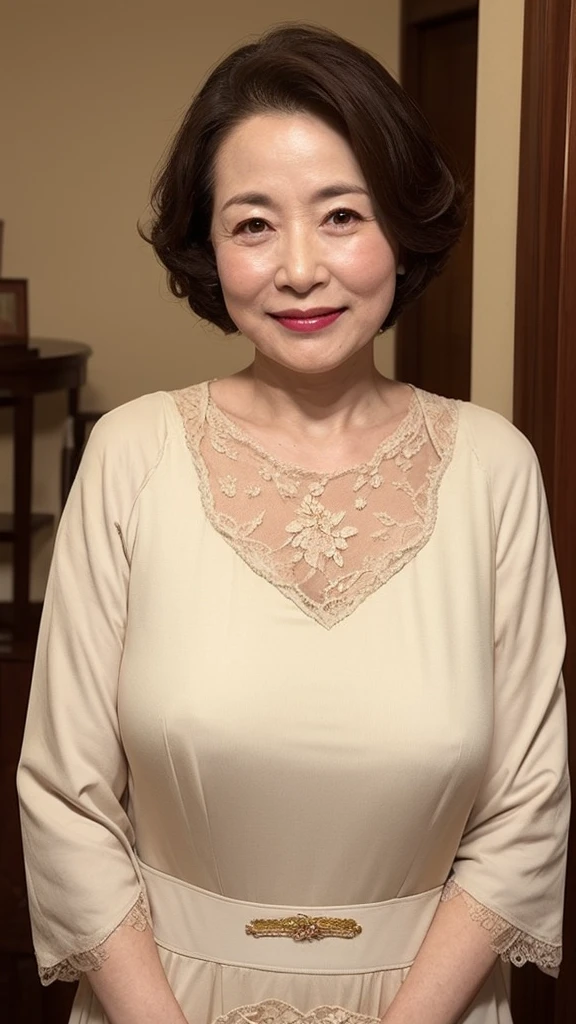 Kawase Hasui, gravure, senior citizen, Draw lips correctly, Red lipstick, From the chest up, 16K, Highest quality, Very detailed, Realistic, Very detailed肌, Perfect Anatomy, (Japanese), (alone), 100 years old, Large Breasts, Mature Housewife, Glamour, sexy, Chromo White Skin, View your audience,