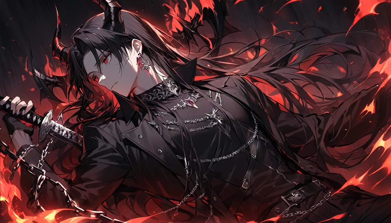 alone, good looking, 1 male, Long hair, Middle parted, Black hair, Red eyes, Black shirt, White Thailand, Black Trench Coat, Royal Silver Jewellery, Royal Demon Earrings, Black horns, Demon Crown, Demonic Katana Sword, Chains, On Back, Demonic Black flames Aura, Side profile, fallen angel, melancholy 