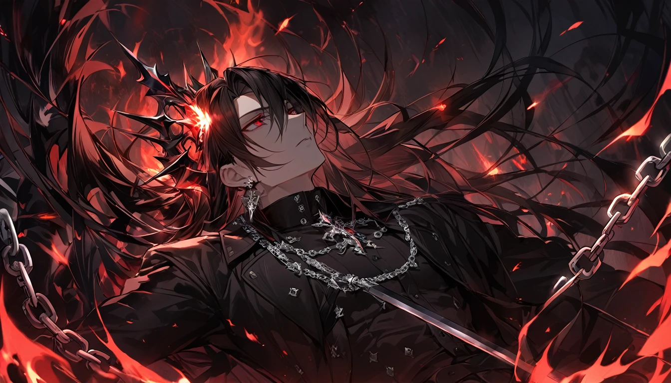 alone, good looking, 1 male, Long hair, Middle parted, Black hair, Red eyes, Black shirt, White Thailand, Black Trench Coat, Royal Silver Jewellery, Royal Demon Earrings, Black horns, Demon Crown, Demonic Katana, Chain, On Back, Demonic Black flames Aura, Side profile, fallen angel