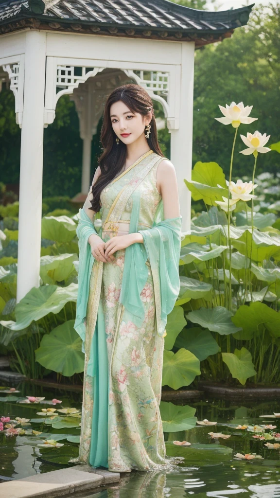 （lifelike， high resolution：1.3）， close up，Sense of story，Realism，Chinese aesthetics，Beside a lotus pond。The lotus pavilion stands in jade，Blooming with fresh beauty。Her expression is peaceful，Full of unworldly charm。A lotus-decorated shawl is draped over the shoulders.，Echoing the surrounding lotus flowers。The background is a green lotus ocean，Frog jumping in the flowers，In the distance are pavilions and towers.。The color is quiet and elegant，Depicting a story about poetic life and tranquility。