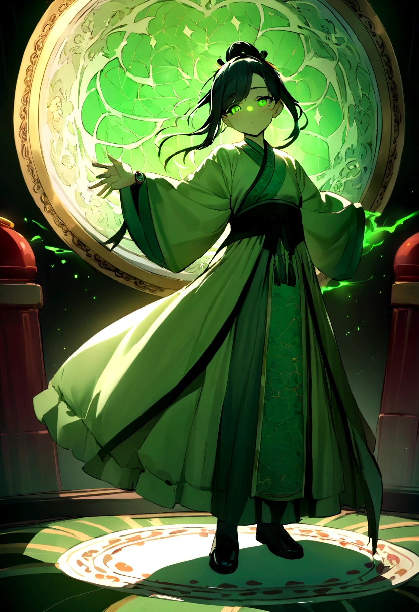 (masterpiece), (best quality), Cinema quality,Rendered by Octane,extreme detailed details,1 person,A young man's face,Facial details,Perfect facial features,,map,splash,The air is filled with green gas,particle, gaze, Watch the audience, Chinese Hanfu,(Full body female love :1.3), (Behind him,There is a huge plate:1.5)antique,Classical pattern