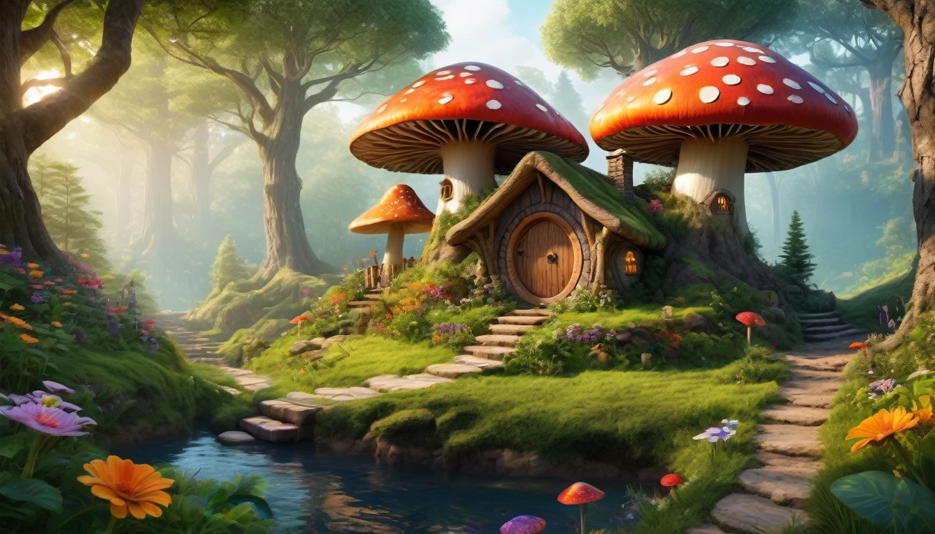 (Mysterious fantasy forest, dense trees, a cute and strange little tree:1.5), A hobbit cabin vividly depicted (best quality, 8K, advanced resolution, masterpiece:1.2) with ultra-detailed realism (1.4x realism, photorealistic: 1.37). This fantasy forest, surrounded by lush greenery and colorful flowers, is bathed in warm sunlight, creating a cheerful and whimsical atmosphere. The cabin, resembling a mushroom-shaped house, features intricate design and unique architecture. The artwork showcases an illustrative style inspired by children's book illustrations, with a vibrant rainbow color palette evoking joy and playfulness. Soft, warm lighting adds depth and warmth, making every detail impeccably presented. This visually stunning masterpiece captures the essence of a magical fantasy forest deep in the heart of a dense woodland.