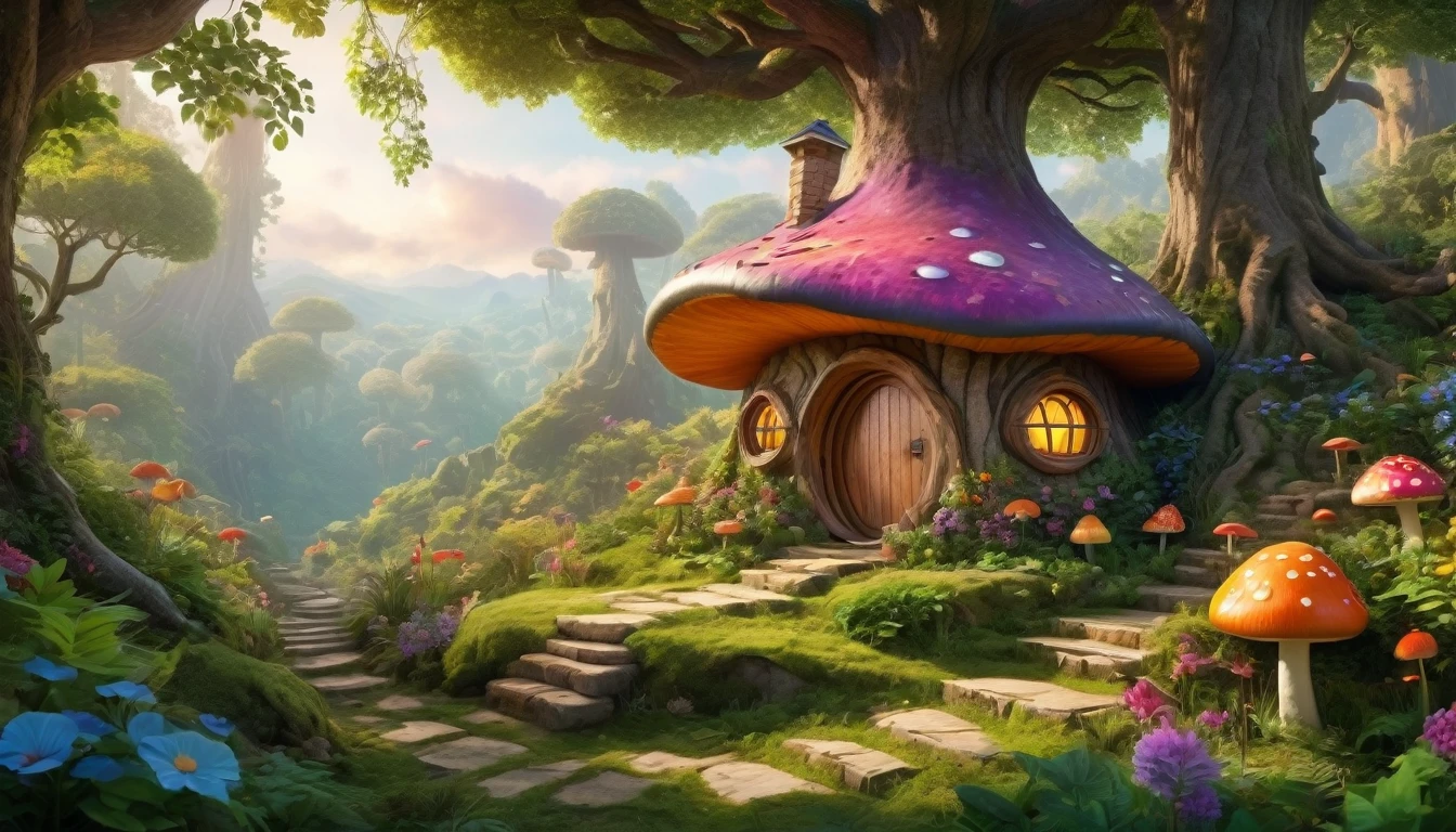 (Mysterious fantasy forest, dense trees, a cute and strange little tree:1.5), A hobbit cabin vividly depicted (best quality, 8K, advanced resolution, masterpiece:1.2) with ultra-detailed realism (1.4x realism, photorealistic: 1.37). This fantasy forest, surrounded by lush greenery and colorful flowers, is bathed in warm sunlight, creating a cheerful and whimsical atmosphere. The cabin, resembling a mushroom-shaped house, features intricate design and unique architecture. The artwork showcases an illustrative style inspired by children's book illustrations, with a vibrant rainbow color palette evoking joy and playfulness. Soft, warm lighting adds depth and warmth, making every detail impeccably presented. This visually stunning masterpiece captures the essence of a magical fantasy forest deep in the heart of a dense woodland.