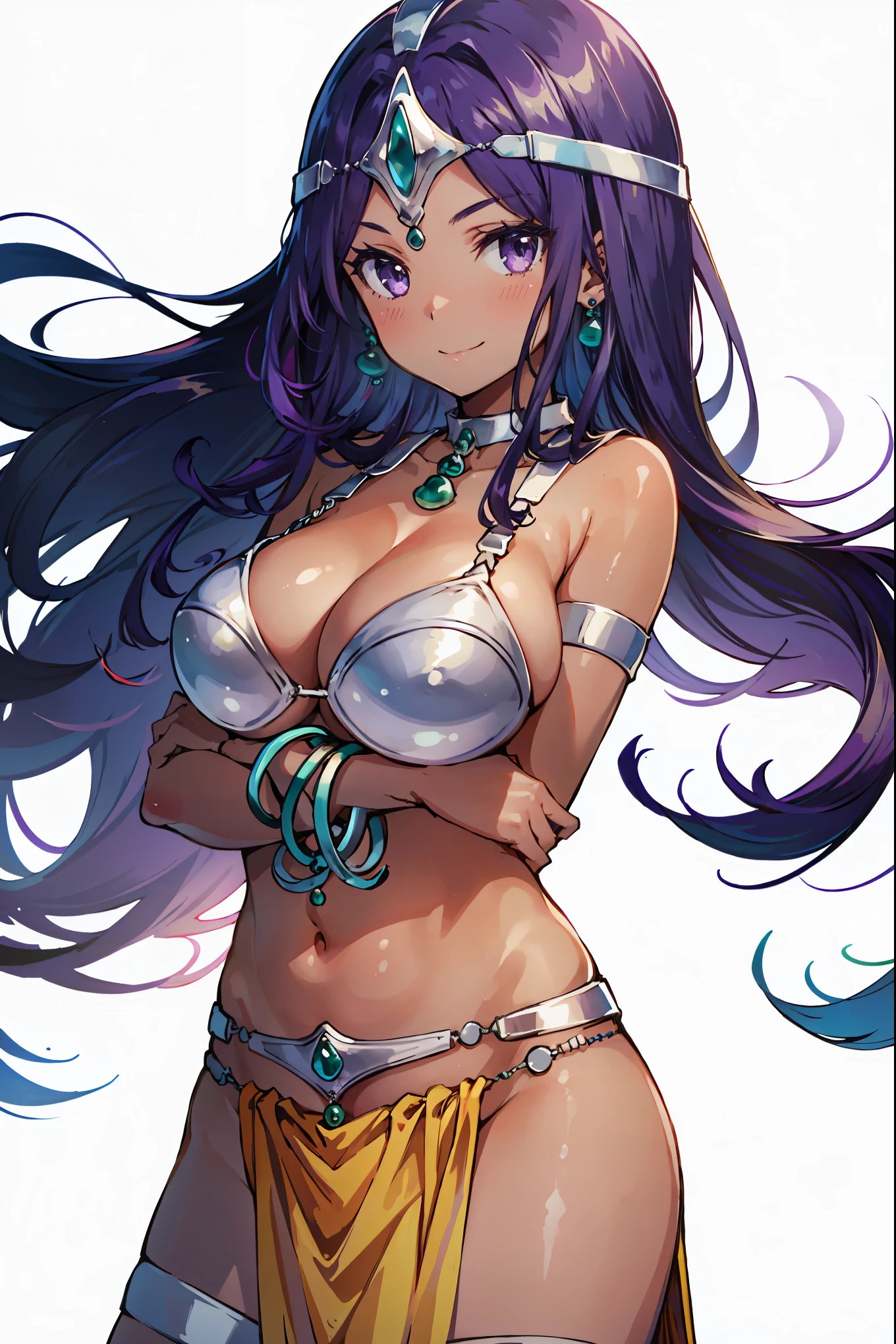 1girl, solo, dqManya, white background, cowboy shot, purple hair, bikini, loincloth, large , cleavagstomach, circlet, earrings, choker, bracelet, armlet, closed mouth, smile, blush