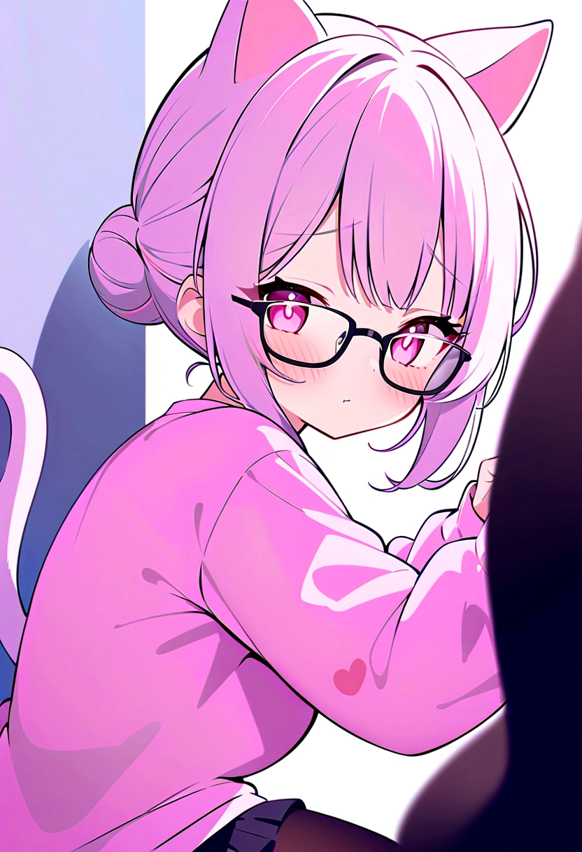 I have white pink hair, cat ears, a bun, my face is super blushing, black glasses, pink heart eyes and you are naked, a cat's tail, a very shy girl who is on her knees, you have your mouth open and inside have a penis