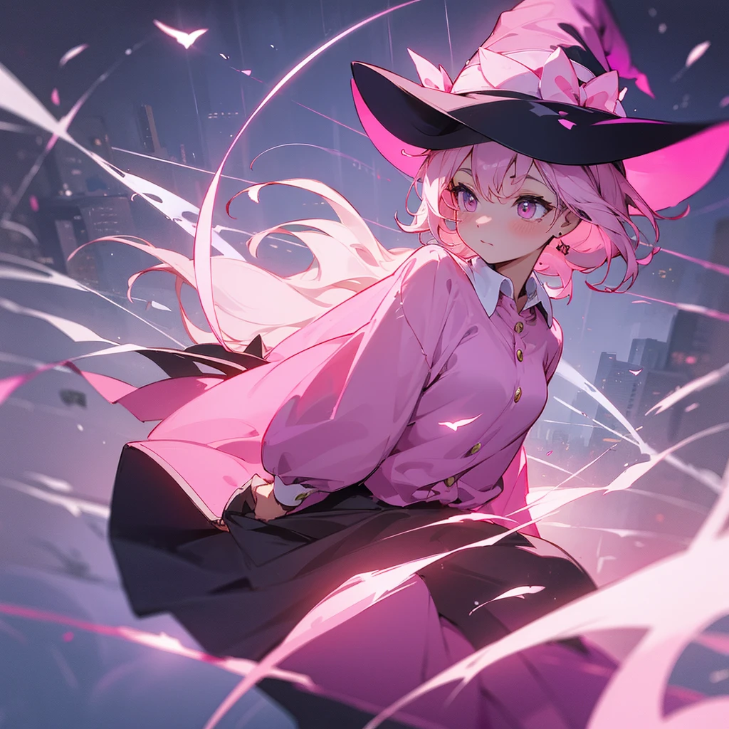 A witch is flying in a city at night as she is wearing a light pink shirt and has a pink witch's hat. She is wearing blue jeans while she is riding her magic broomstick. She is listening to music on her wireless headphones and she has a piercing. in her mouth and nose and she has big and a huge ass and big thighs