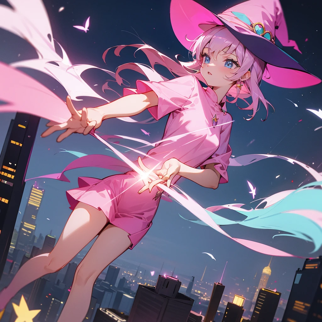 A witch is flying in a city at night as she is wearing a light pink shirt and has a pink witch's hat. She is wearing blue jeans while she is riding her magic broomstick. She is listening to music on her wireless headphones and she has a piercing. in her mouth and nose and she has big and a huge ass and big thighs