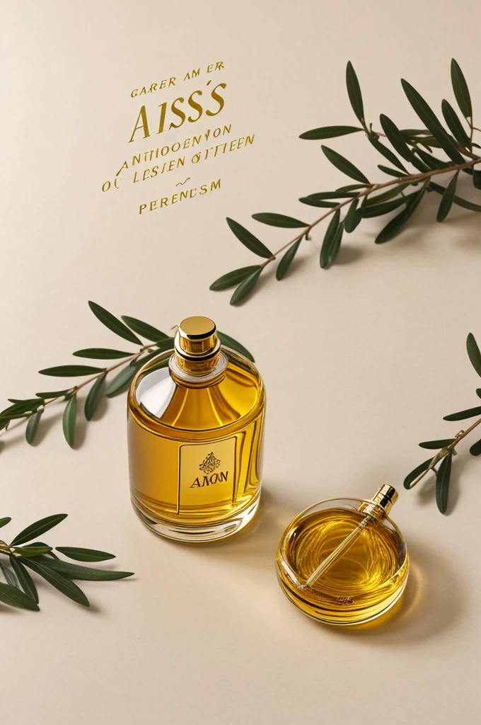 Generate me a unisex perfumery logo containing the phrase AROMI DI LUSSO in gold letters with a perfume bottle and two olive branches that intersect at the stem