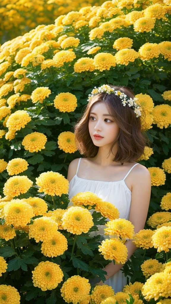 (lifelike, high resolution:1.3), close up,Sense of story,Realism,Chinese aesthetics,On a chrysanthemum slope。Colorful chrysanthemums,It has a light aroma。Her posture is graceful,Full of mature charm。A wreath of chrysanthemums worn on the head,Blending with the surrounding chrysanthemums。The background is a sea of yellow and white chrysanthemums,Sparrows playing in the flowers,In the distance is a stream and a stone bridge。Elegant and warm colors,Depicts a story about the golden autumn years and harvest。